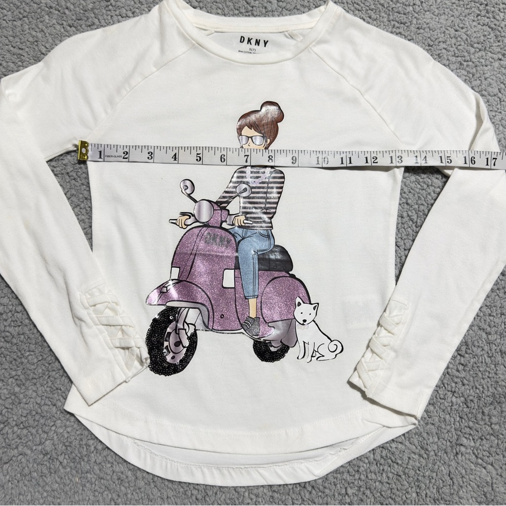 DKNY Girls White Long Sleeve Graphic T-Shirt, Size S(7), Scooter Cat Print Shirt - Picture 5 of 6